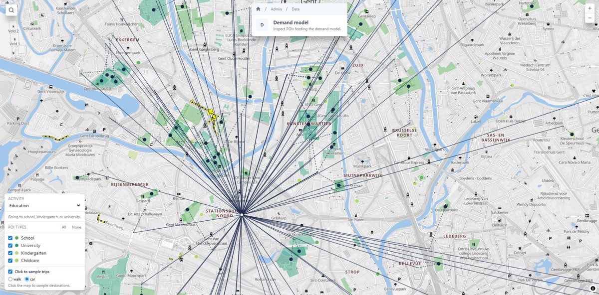 The demand model: destinations such as schools, work and shops, and the trips to them.