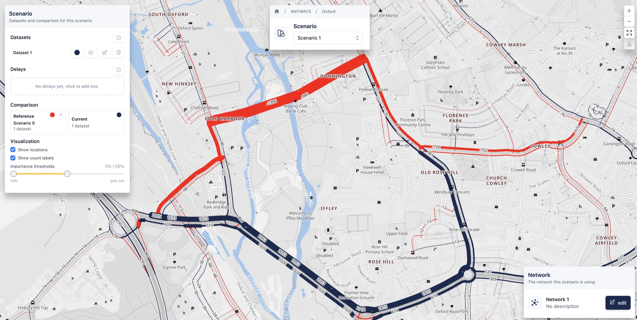 A scenario open in ANYWAYS: its datasets, delays and comparison on the left, and two scenarios compared on the map with the change per street