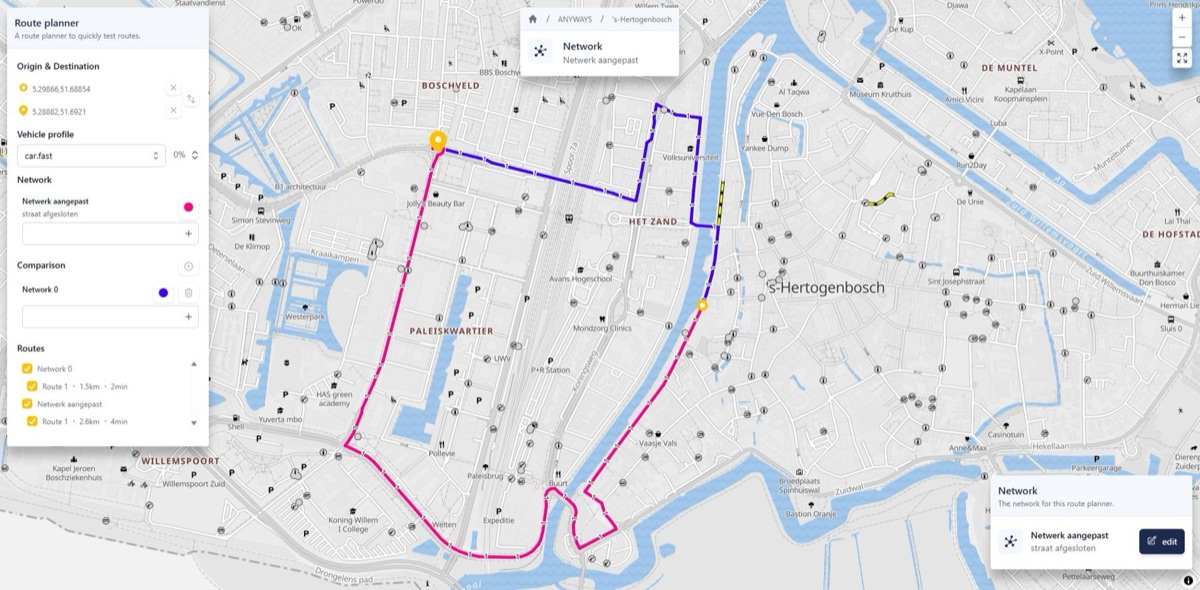 The same trip on two networks: with the street open and with the street closed.